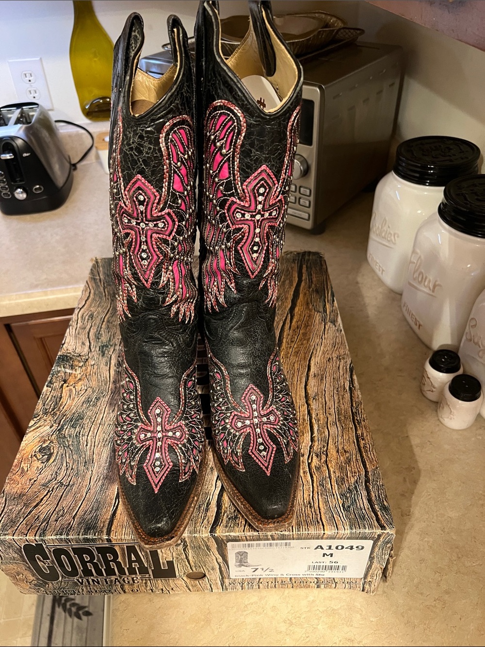 Corral Black Distressed Blingy Leather Cowboy Boots with Pink Embroidery